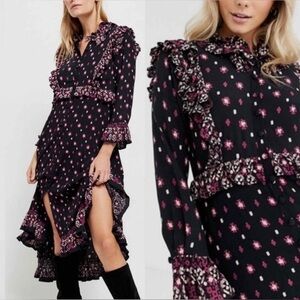 Free People Calico Skies Black Long Sleeve Flowy Button Up Midi Dress Sz XL
